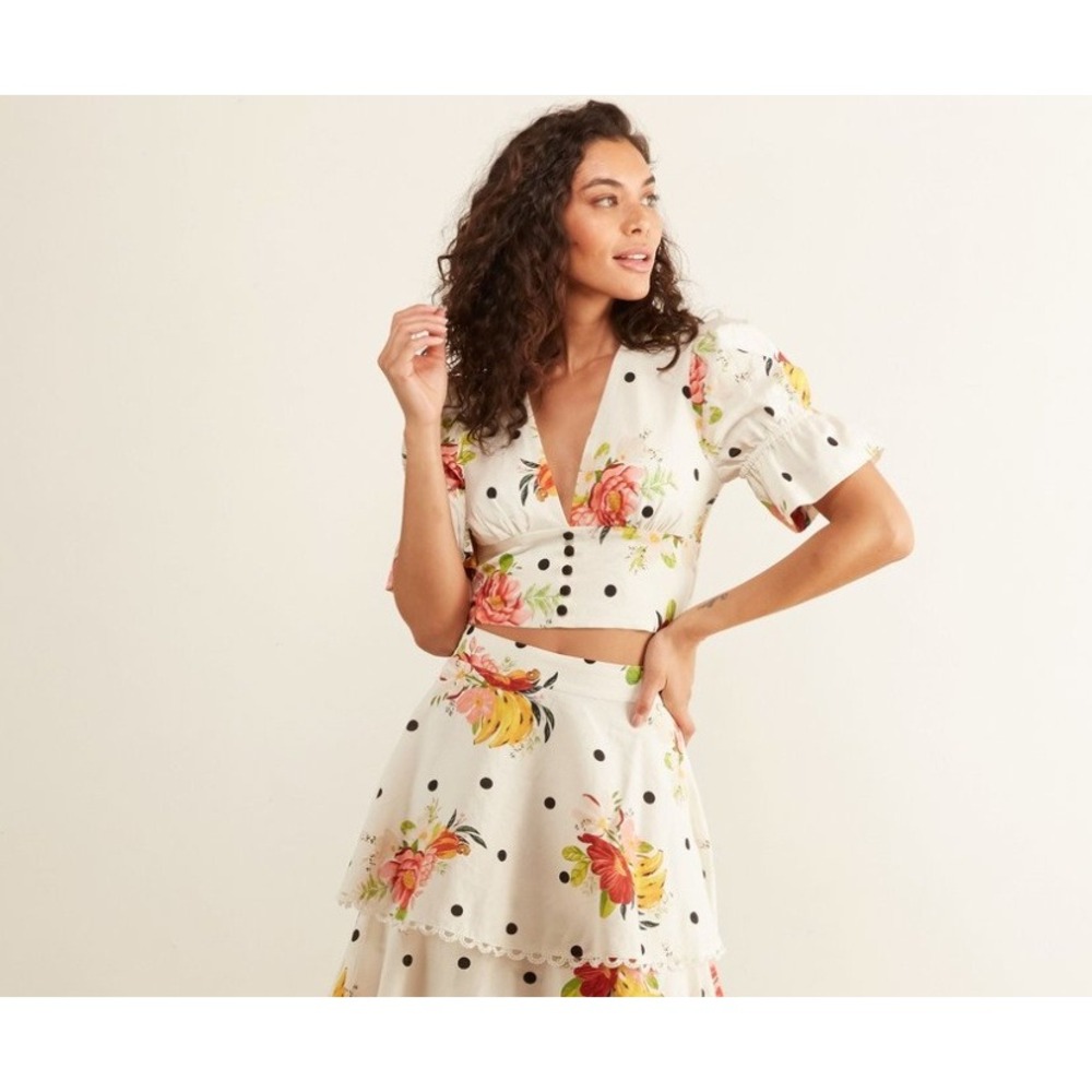 Farm Rio Nanaju Floral‎ Polka Dot V-Neck Crop Top White Small NWT